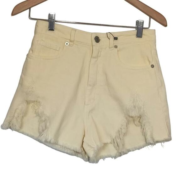ZARA Distressed High Waisted Shorts Butter Yellow Womens 4 - Picture 1 of 4